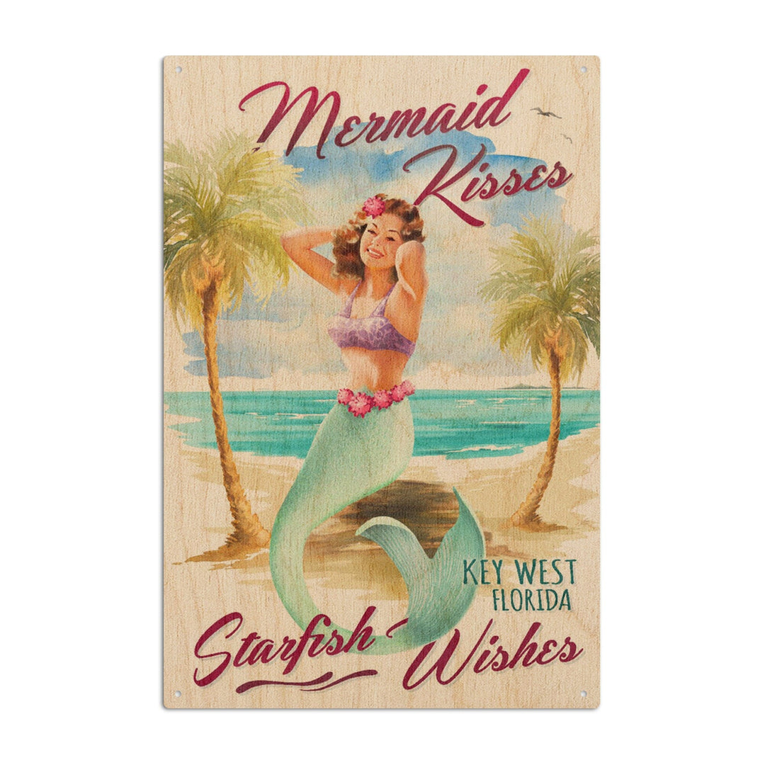 Key West, Florida, Mermaid Kisses & Starfish Wishes, Watercolor, Lantern Press Artwork, Wood Signs and Postcards Wood Lantern Press 10 x 15 Wood Sign 