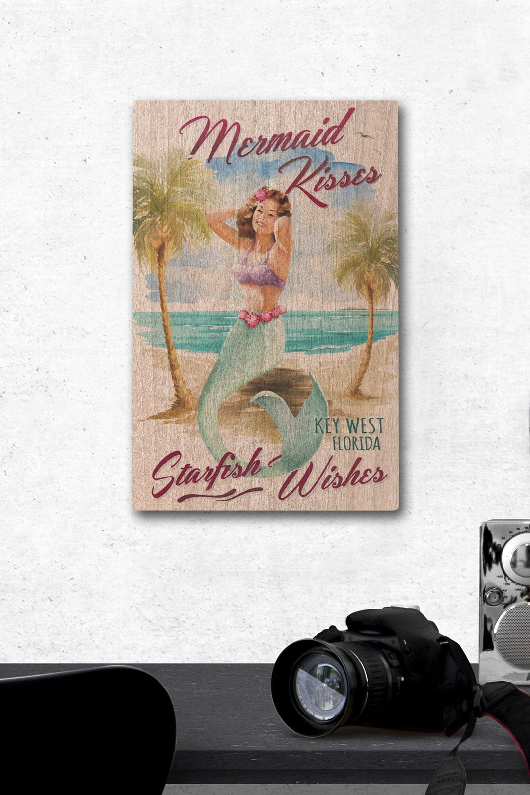 Key West, Florida, Mermaid Kisses & Starfish Wishes, Watercolor, Lantern Press Artwork, Wood Signs and Postcards Wood Lantern Press 12 x 18 Wood Gallery Print 
