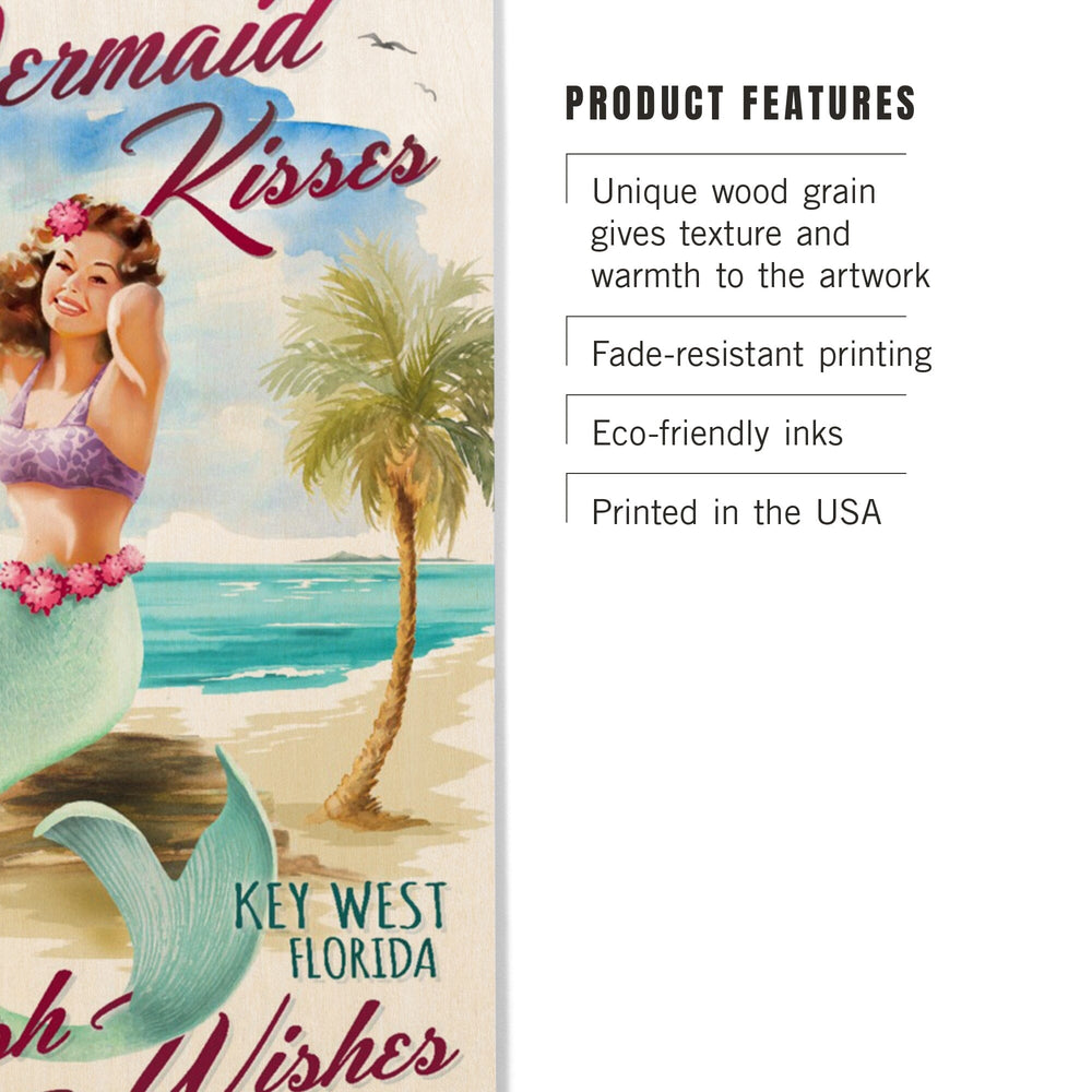 Key West, Florida, Mermaid Kisses & Starfish Wishes, Watercolor, Lantern Press Artwork, Wood Signs and Postcards Wood Lantern Press 