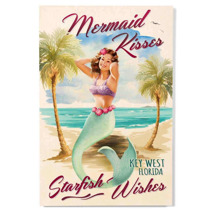 Key West, Florida, Mermaid Kisses & Starfish Wishes, Watercolor, Lantern Press Artwork, Wood Signs and Postcards Wood Lantern Press 