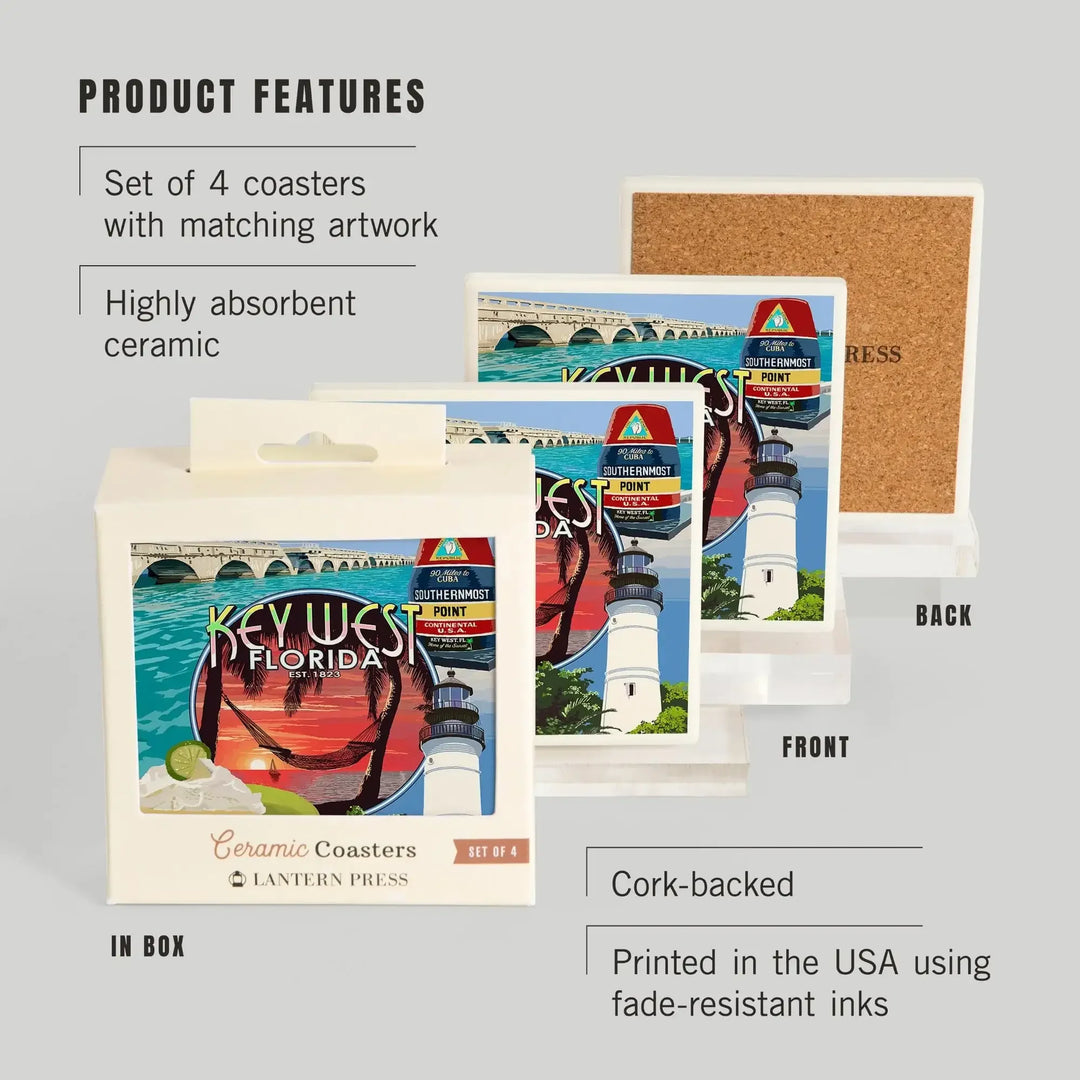 Key West, Florida, Montage, Sunset, Coasters Coasters Lantern Press 