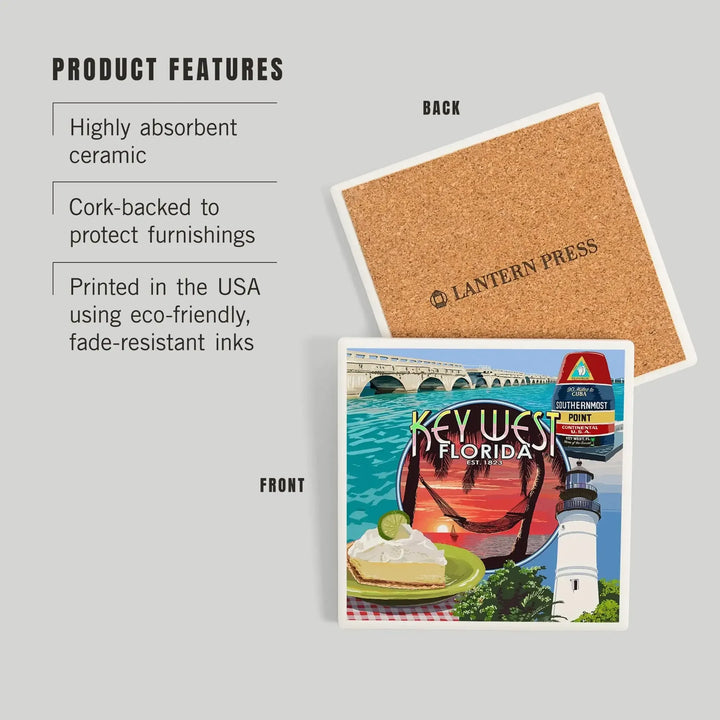 Key West, Florida, Montage, Sunset, Coasters Coasters Lantern Press 