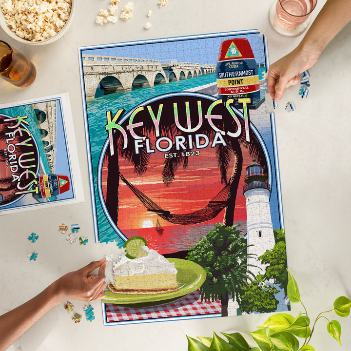 Key West, Florida, Montage, Sunset, Jigsaw Puzzle Puzzle Lantern Press 