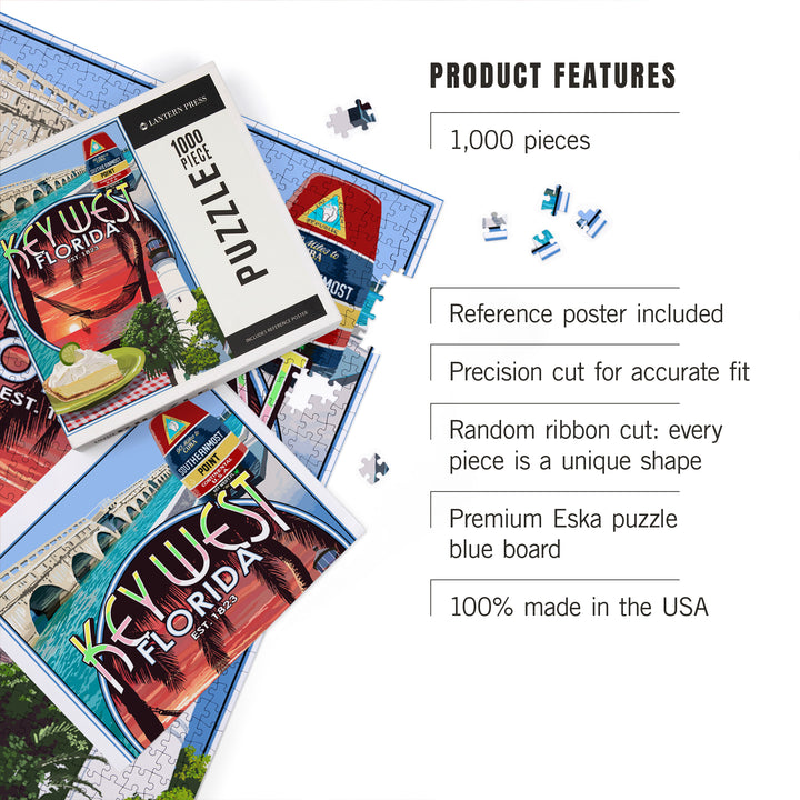 Key West, Florida, Montage, Sunset, Jigsaw Puzzle Puzzle Lantern Press 