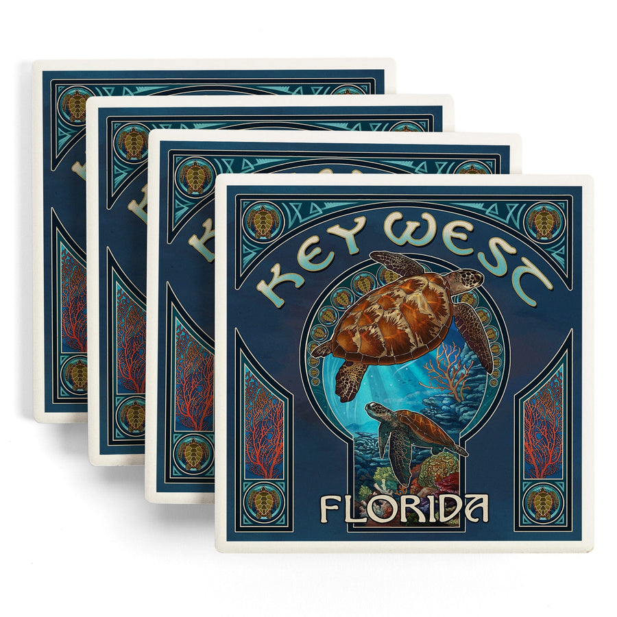 Key West, Florida, Sea Turtle Art Nouveau, Lantern Press Artwork, Coaster Set - Lantern Press