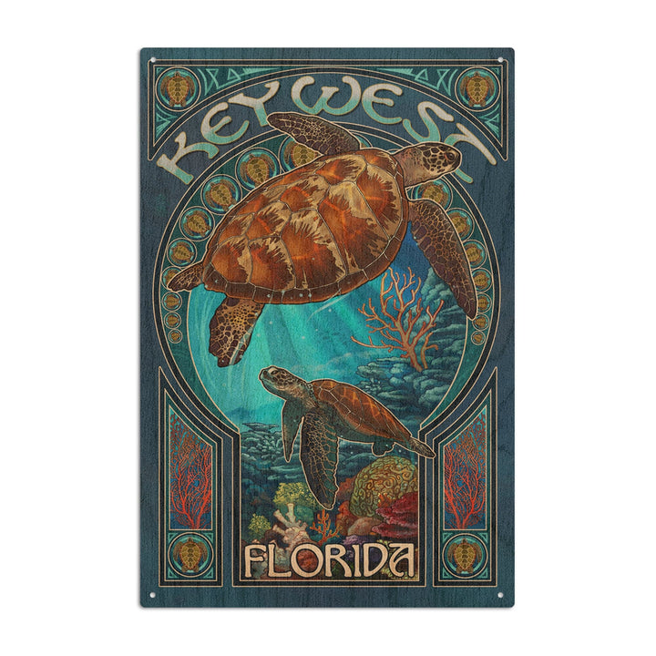 Key West, Florida, Sea Turtle Art Nouveau, Lantern Press Artwork, Wood Signs and Postcards Wood Lantern Press 10 x 15 Wood Sign 