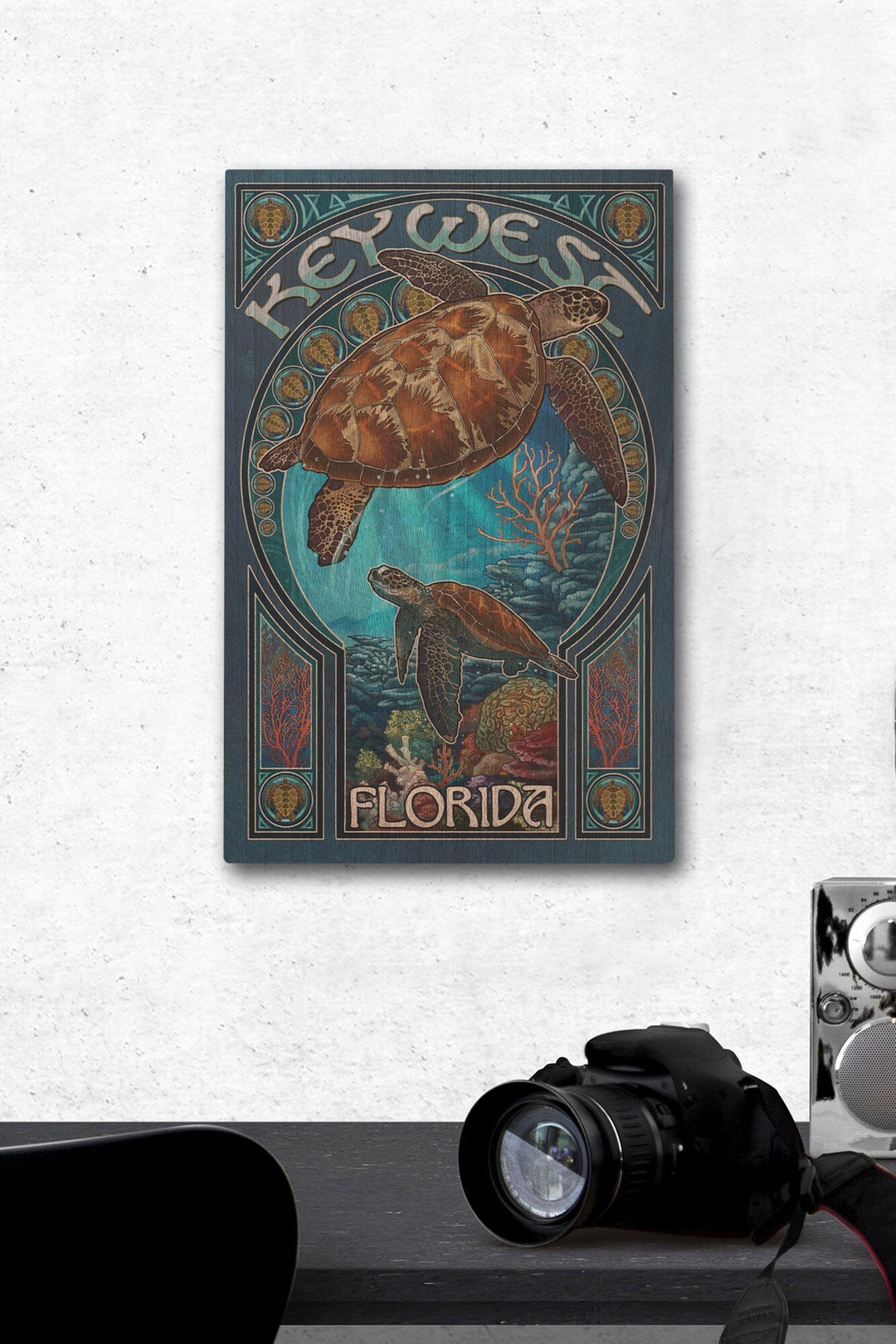 Key West, Florida, Sea Turtle Art Nouveau, Lantern Press Artwork, Wood Signs and Postcards Wood Lantern Press 12 x 18 Wood Gallery Print 