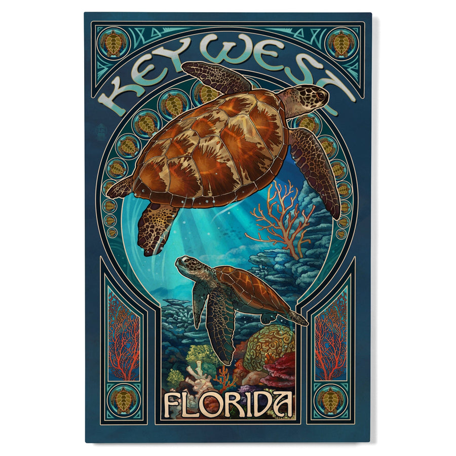Key West, Florida, Sea Turtle Art Nouveau, Lantern Press Artwork, Wood Signs and Postcards Wood Lantern Press 
