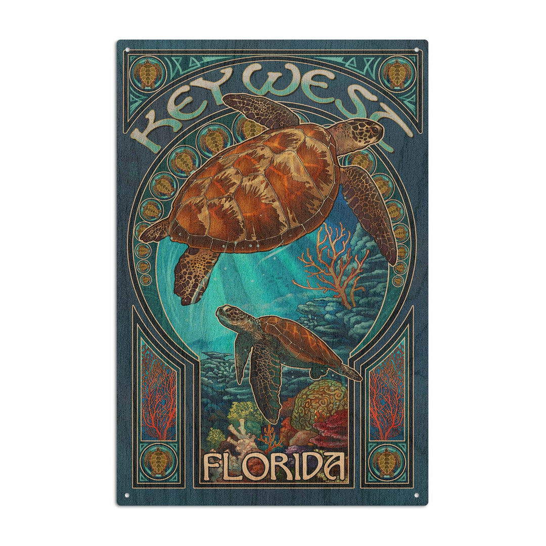 Key West, Florida, Sea Turtle Art Nouveau, Lantern Press Artwork, Wood Signs and Postcards Wood Lantern Press 6x9 Wood Sign 