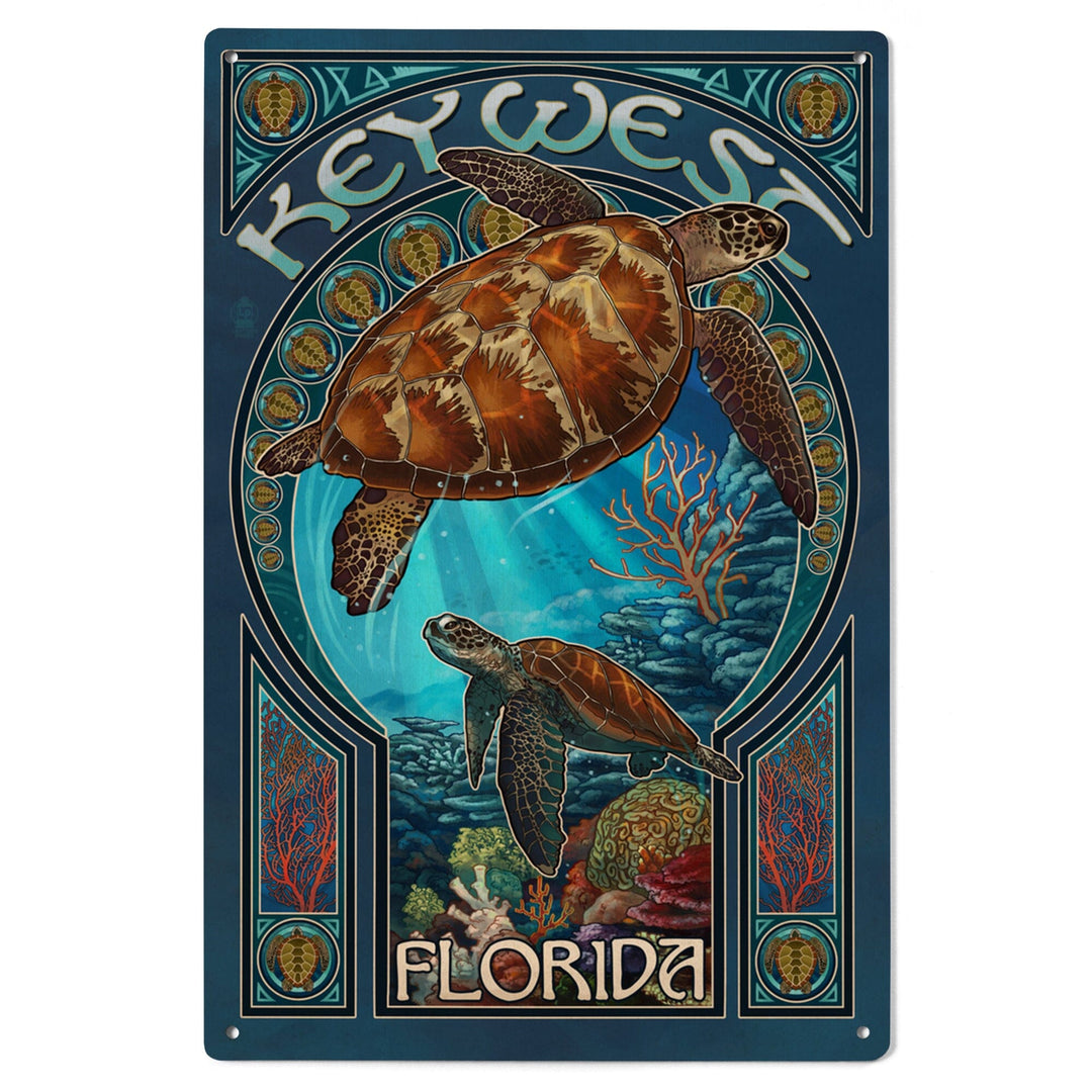 Key West, Florida, Sea Turtle Art Nouveau, Lantern Press Artwork, Wood Signs and Postcards Wood Lantern Press 