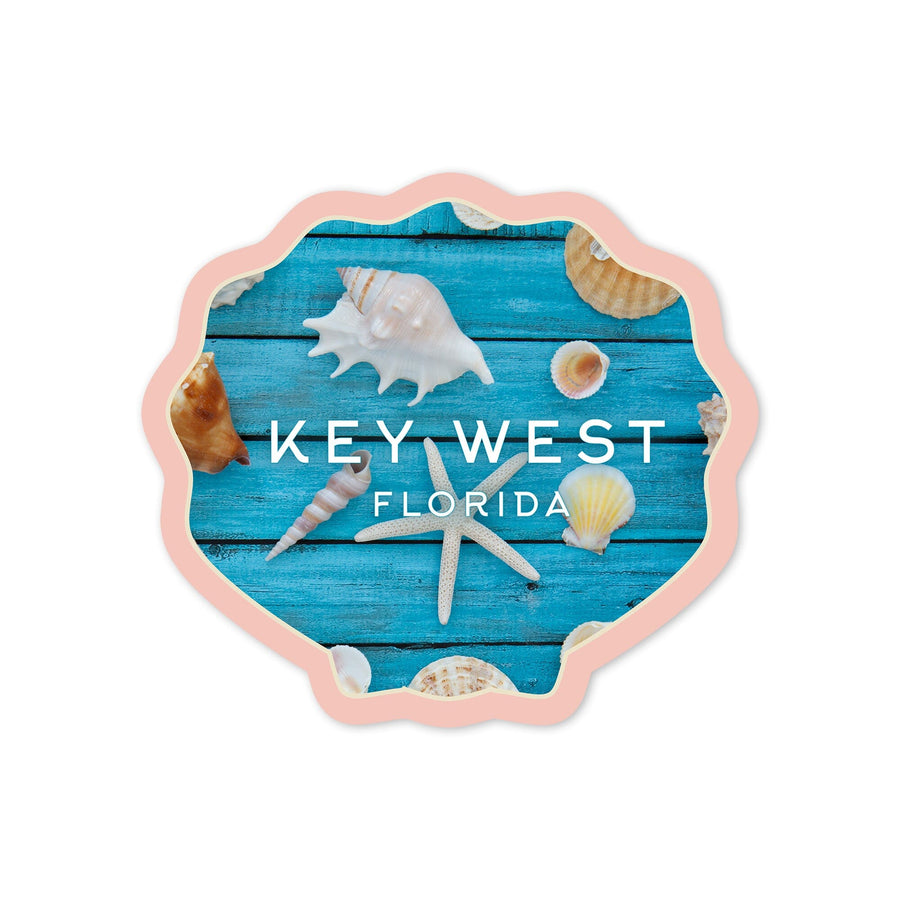 Key West, Florida, Seashells on Blue Wood, Contour, Vinyl Sticker - Lantern Press