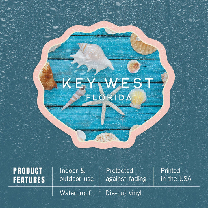 Key West, Florida, Seashells on Blue Wood, Contour, Vinyl Sticker - Lantern Press