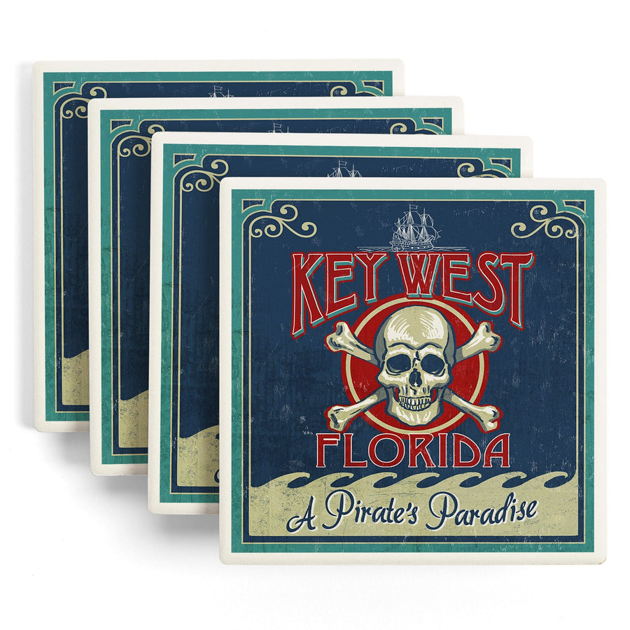 Key West, Florida, Skull & Crossbones, Lantern Press Artwork, Coaster Set - Lantern Press