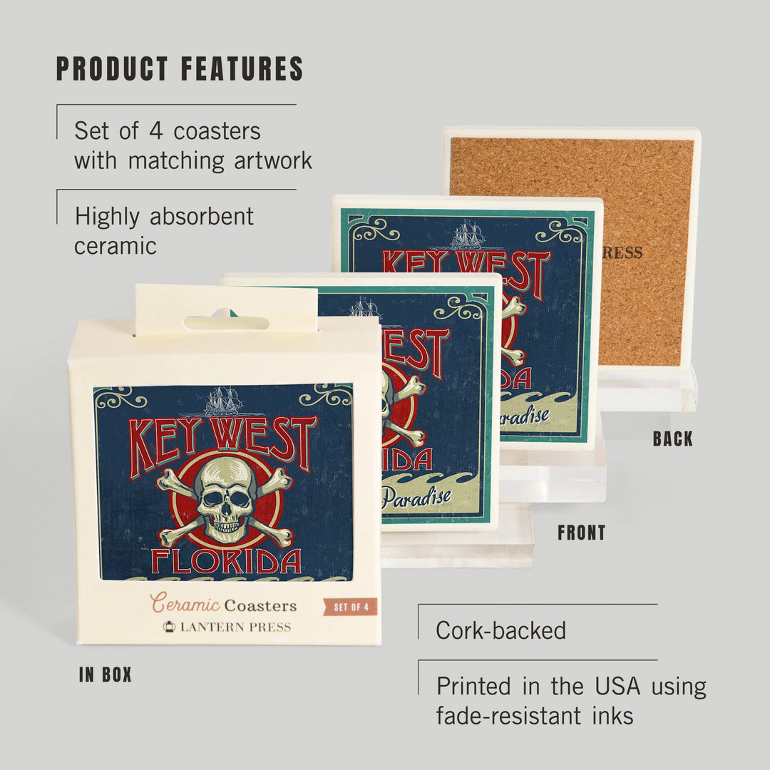 Key West, Florida, Skull & Crossbones, Lantern Press Artwork, Coaster Set - Lantern Press