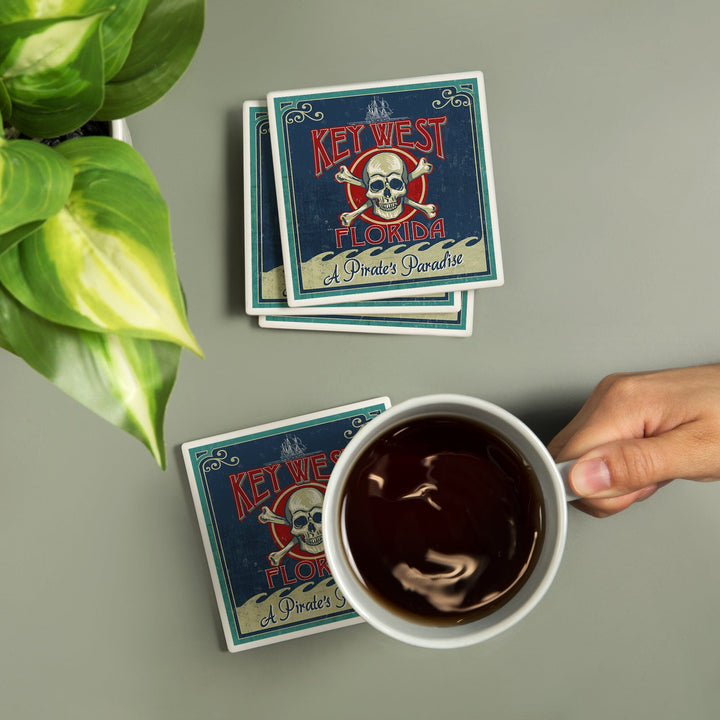 Key West, Florida, Skull & Crossbones, Lantern Press Artwork, Coaster Set - Lantern Press