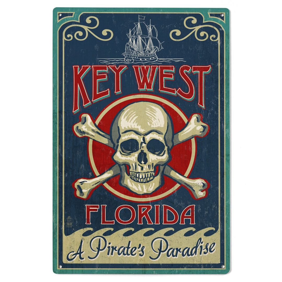 Key West, Florida, Skull & Crossbones, Lantern Press Artwork, Wood Signs and Postcards Wood Lantern Press 