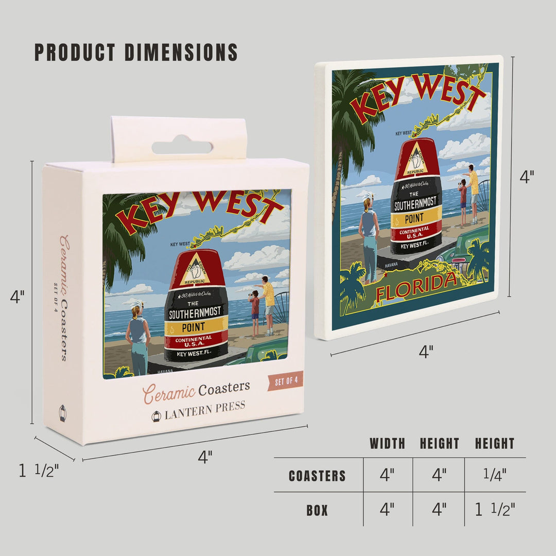 Key West, Florida, Southernmost Point, Lantern Press Artwork, Coaster Set - Lantern Press