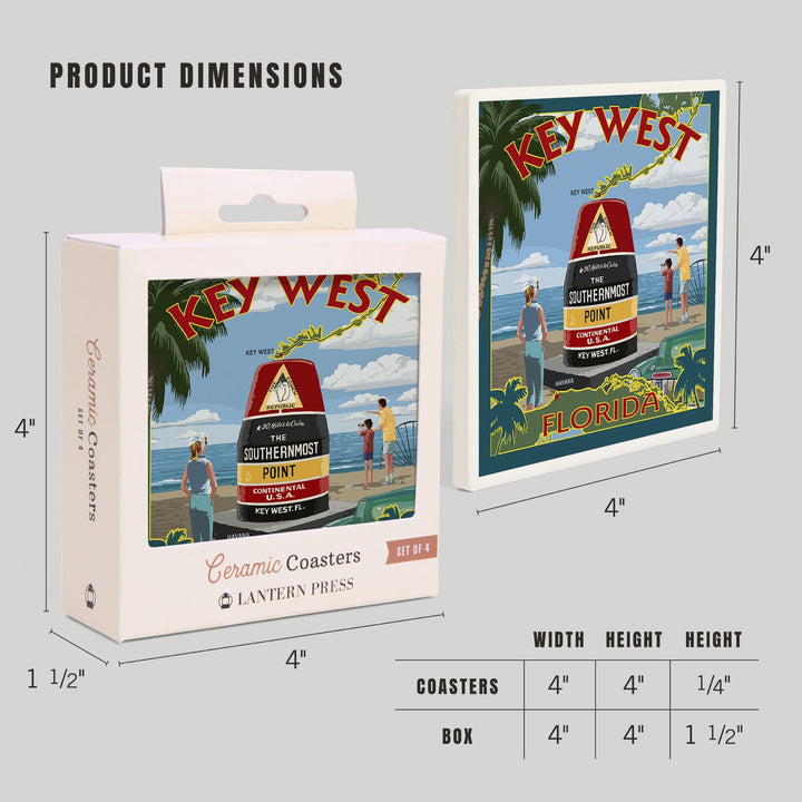 Key West, Florida, Southernmost Point, Lantern Press Artwork, Coaster Set - Lantern Press