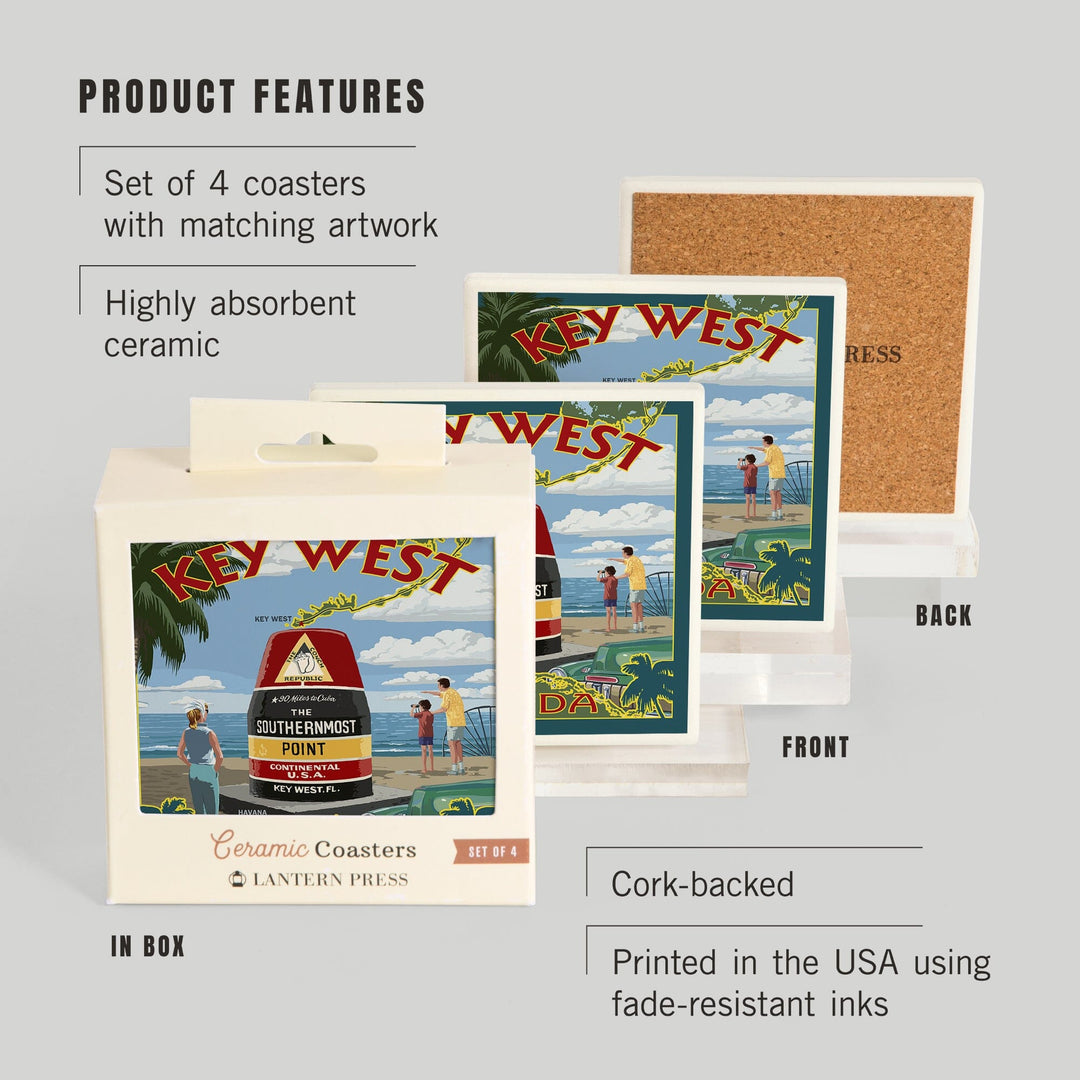 Key West, Florida, Southernmost Point, Lantern Press Artwork, Coaster Set - Lantern Press