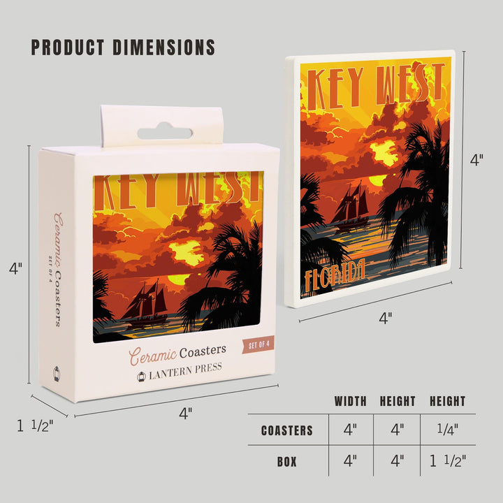 Key West, Florida, Sunset and Ship, Coasters Coasters Lantern Press 