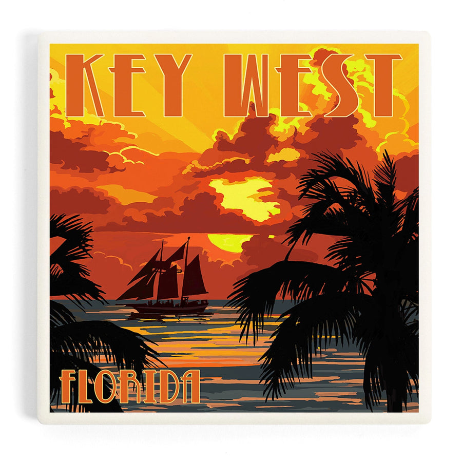 Key West, Florida, Sunset and Ship, Coasters Coasters Lantern Press 