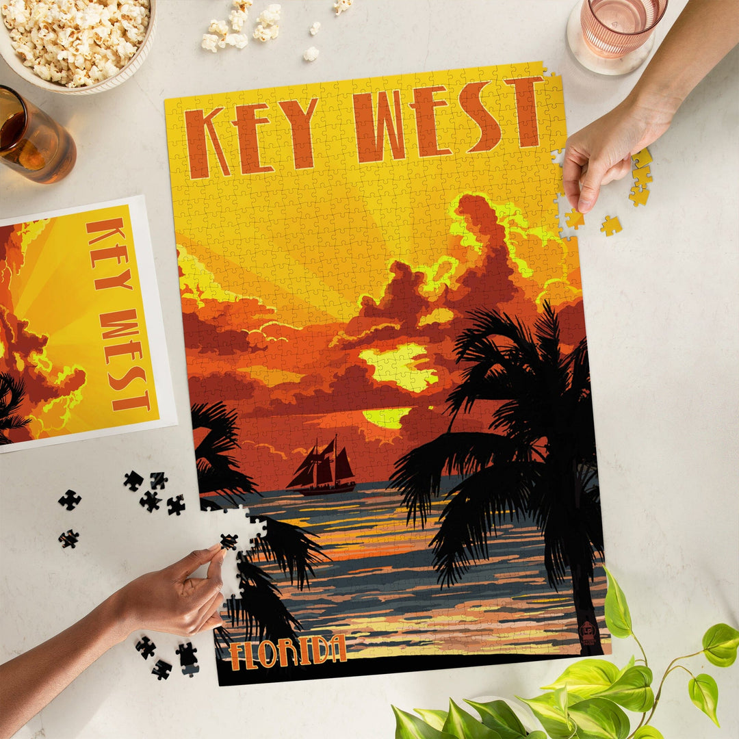 Key West, Florida, Sunset and Ship, Jigsaw Puzzle - Lantern Press