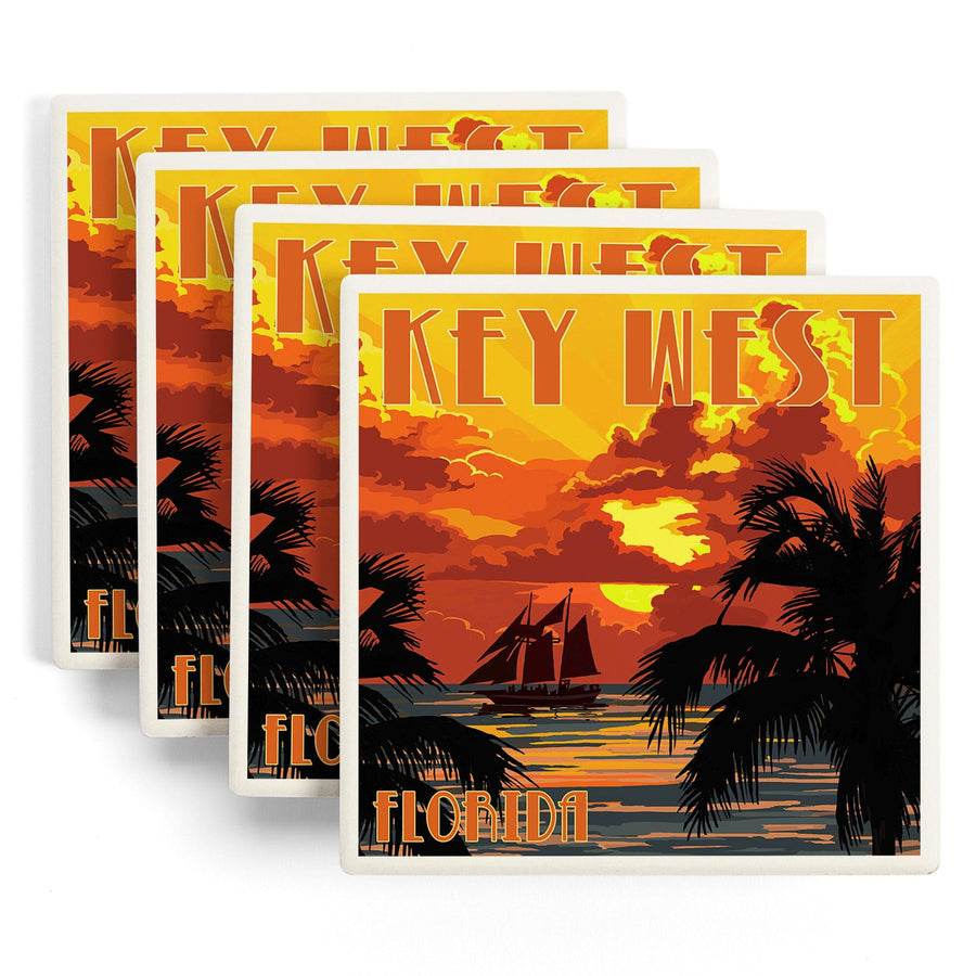 Key West, Florida, Sunset & Ship, Lantern Press Artwork, Coaster Set - Lantern Press