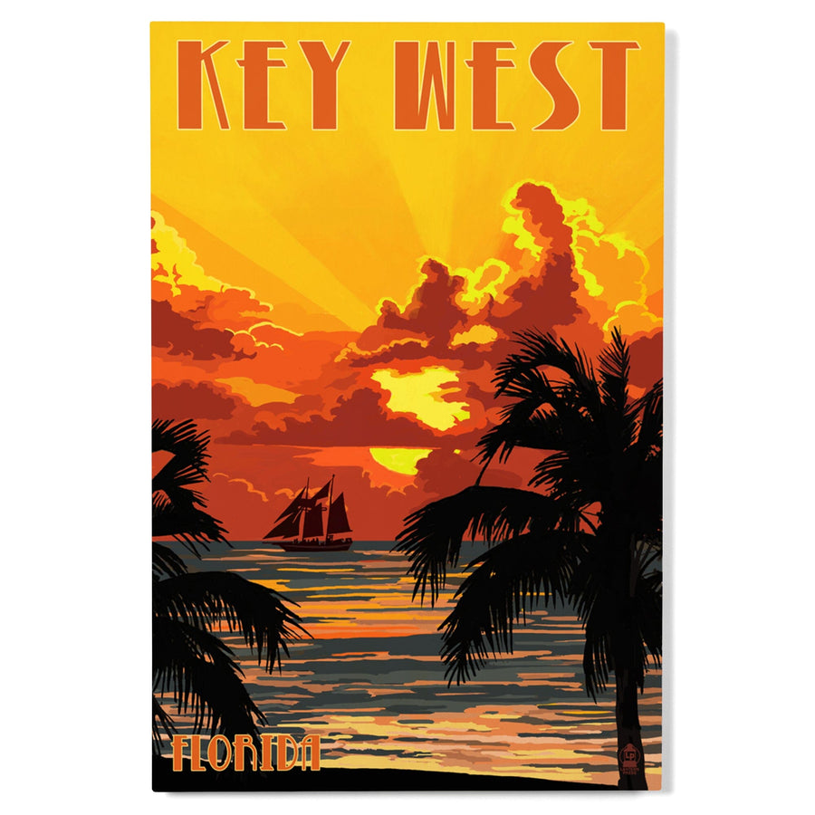 Key West, Florida, Sunset & Ship, Lantern Press Artwork, Wood Signs and Postcards Wood Lantern Press 