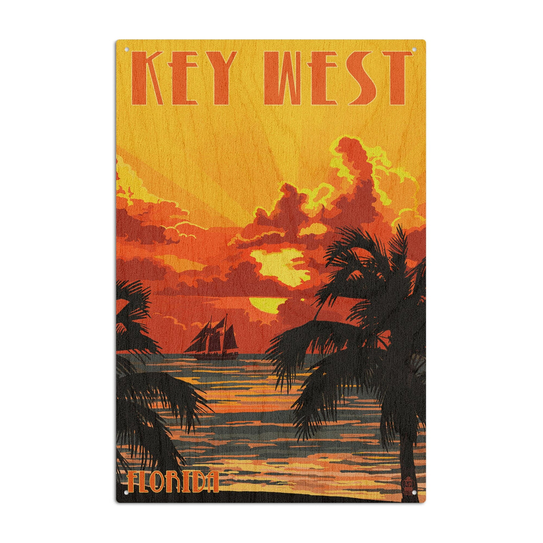 Key West, Florida, Sunset & Ship, Lantern Press Artwork, Wood Signs and Postcards Wood Lantern Press 6x9 Wood Sign 