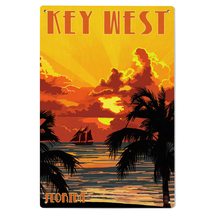 Key West, Florida, Sunset & Ship, Lantern Press Artwork, Wood Signs and Postcards Wood Lantern Press 
