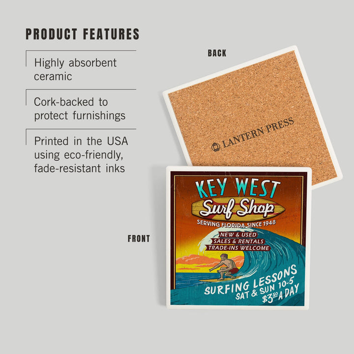Key West, Florida, Surf Shop Vintage Sign, Coasters Coasters Lantern Press 