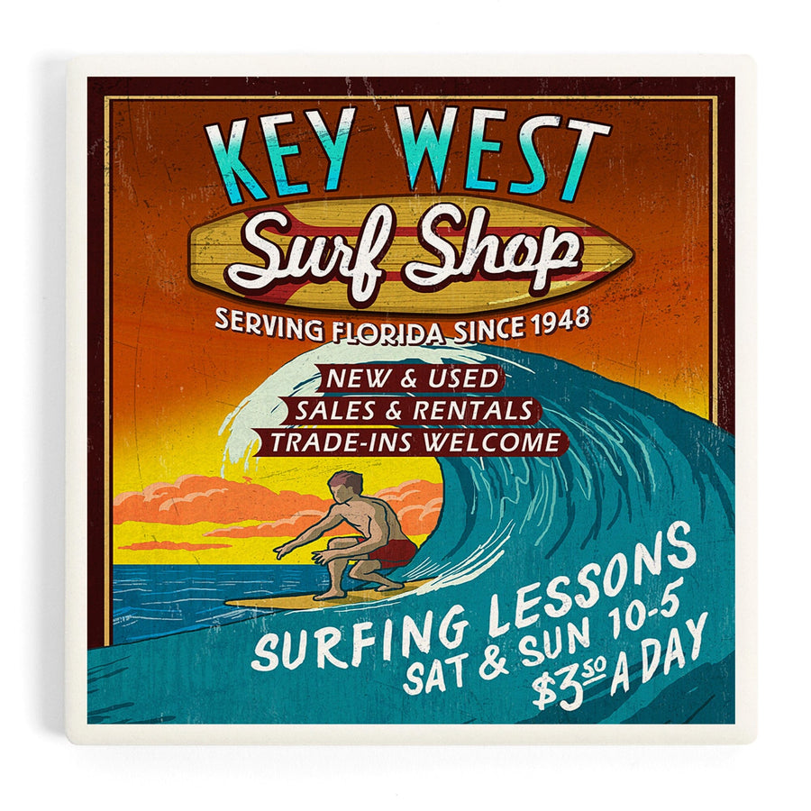 Key West, Florida, Surf Shop Vintage Sign, Coasters Coasters Lantern Press 