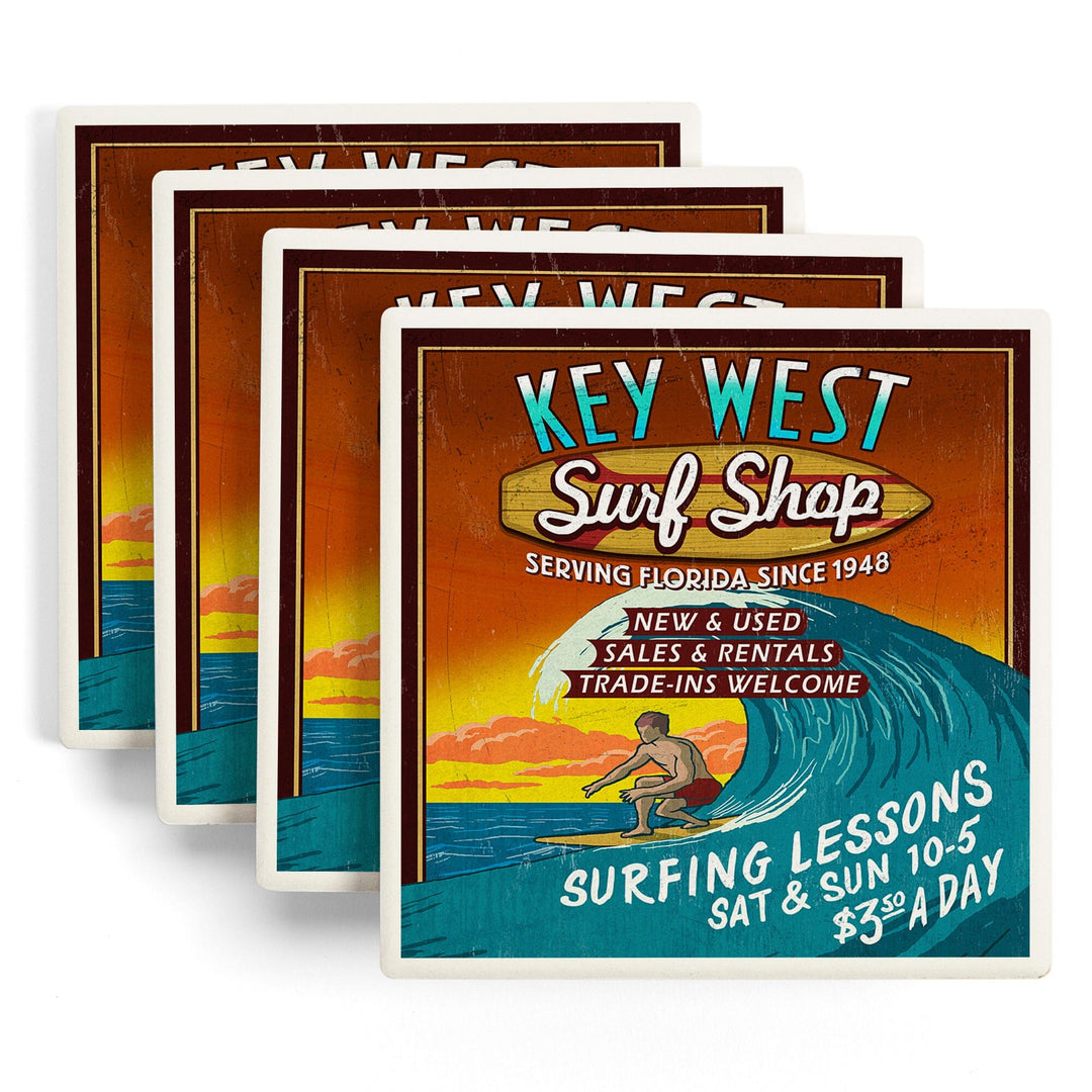 Key West, Florida, Surf Shop Vintage Sign, Coasters Coasters Lantern Press 