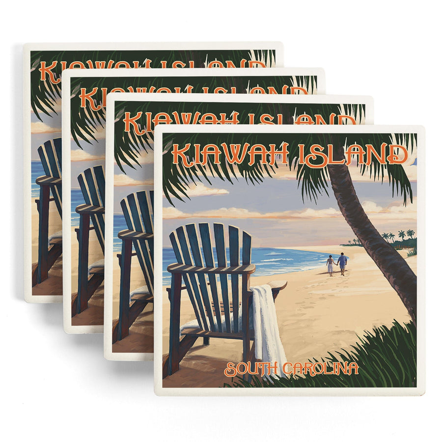 Kiawah Island, South Carolina, Adirondack & Palms, Lantern Press Artwork, Coaster Set - Lantern Press