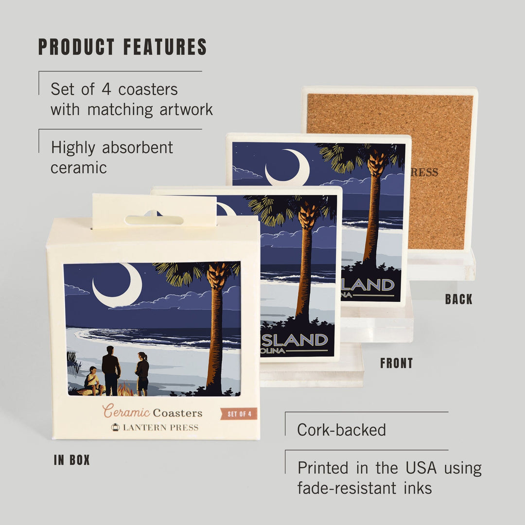 Kiawah Island, South Carolina, Palmetto Moon and Bonfire, Coasters Coasters Lantern Press 