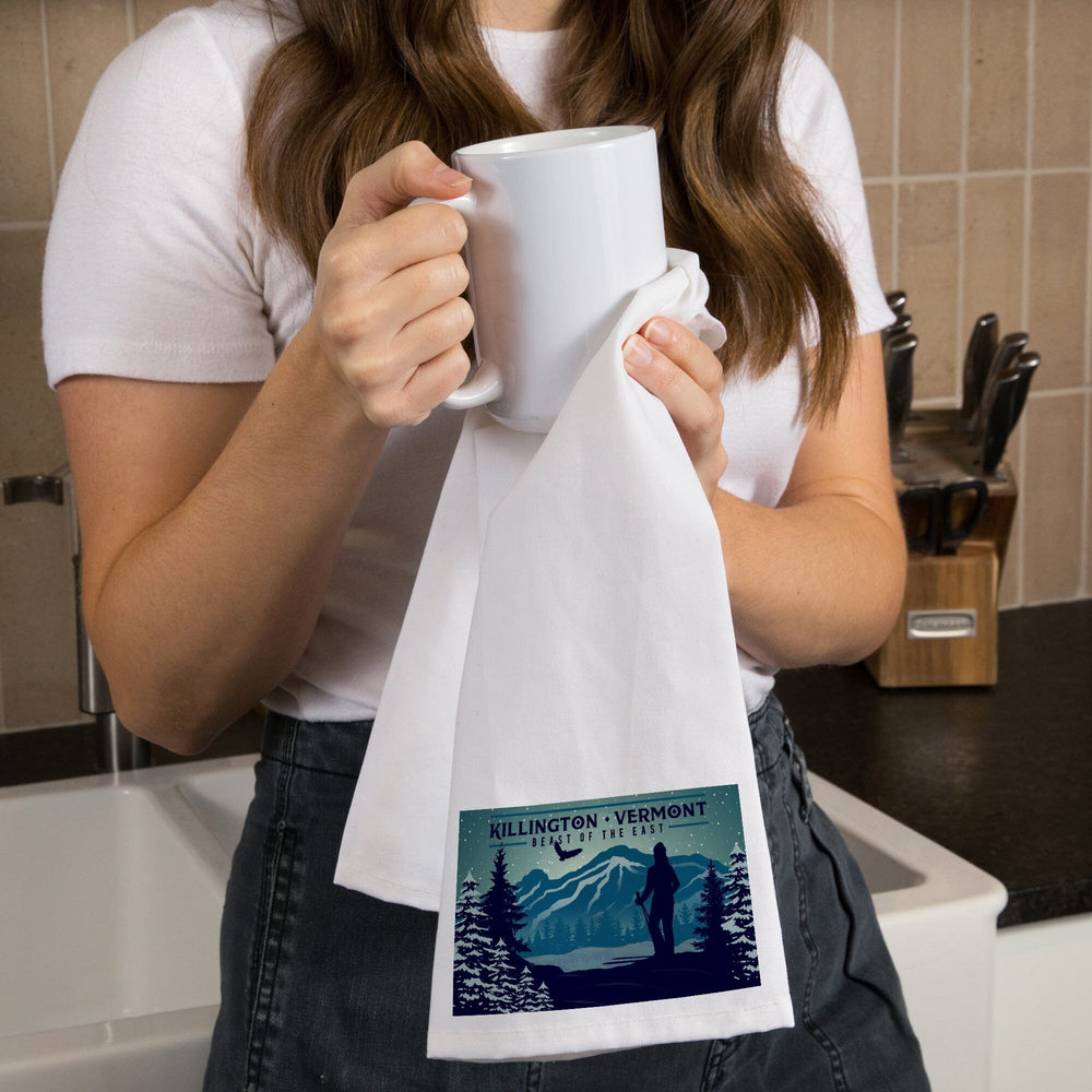 Killington, Vermont, Beast of the East, Skier and Mountain, Organic Cotton Kitchen Tea Towels Kitchen Lantern Press 