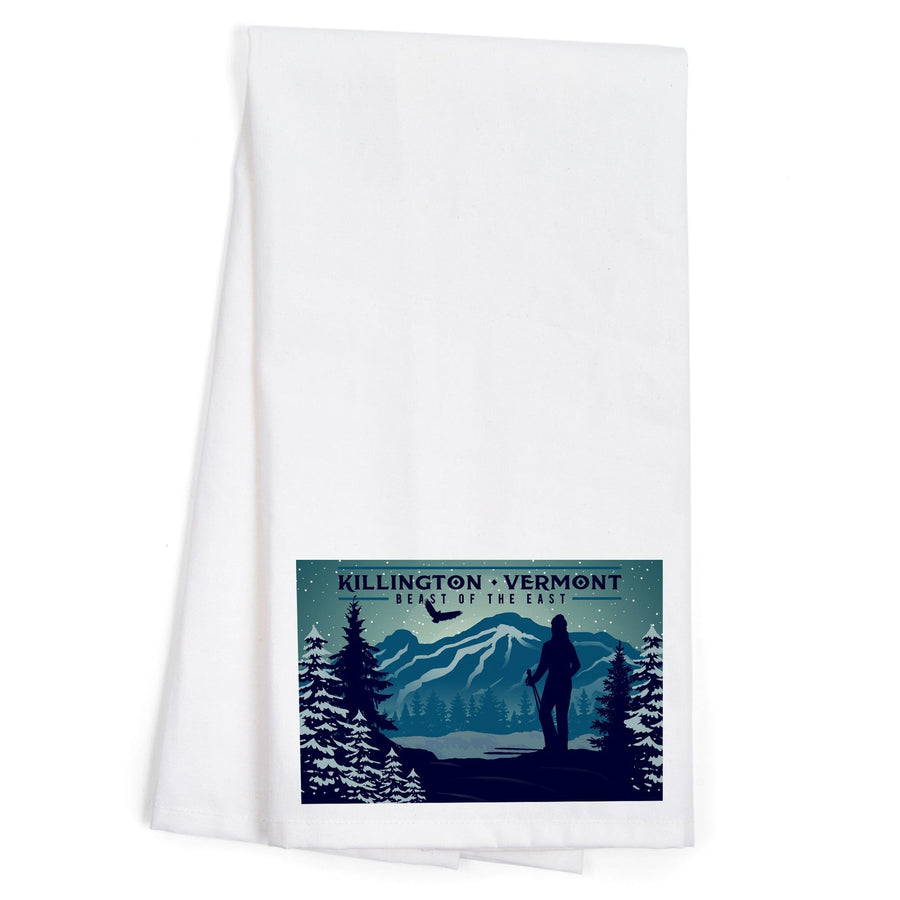 Killington, Vermont, Beast of the East, Skier and Mountain, Organic Cotton Kitchen Tea Towels Kitchen Lantern Press 