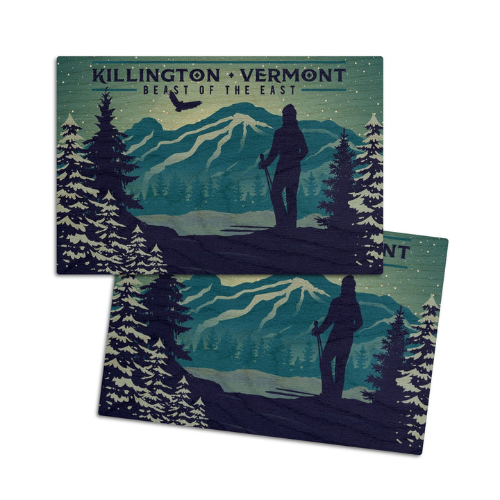 Killington, Vermont, Beast of the East, Skier & Mountain, Lantern Press Artwork, Wood Signs and Postcards Wood Lantern Press 4x6 Wood Postcard Set 