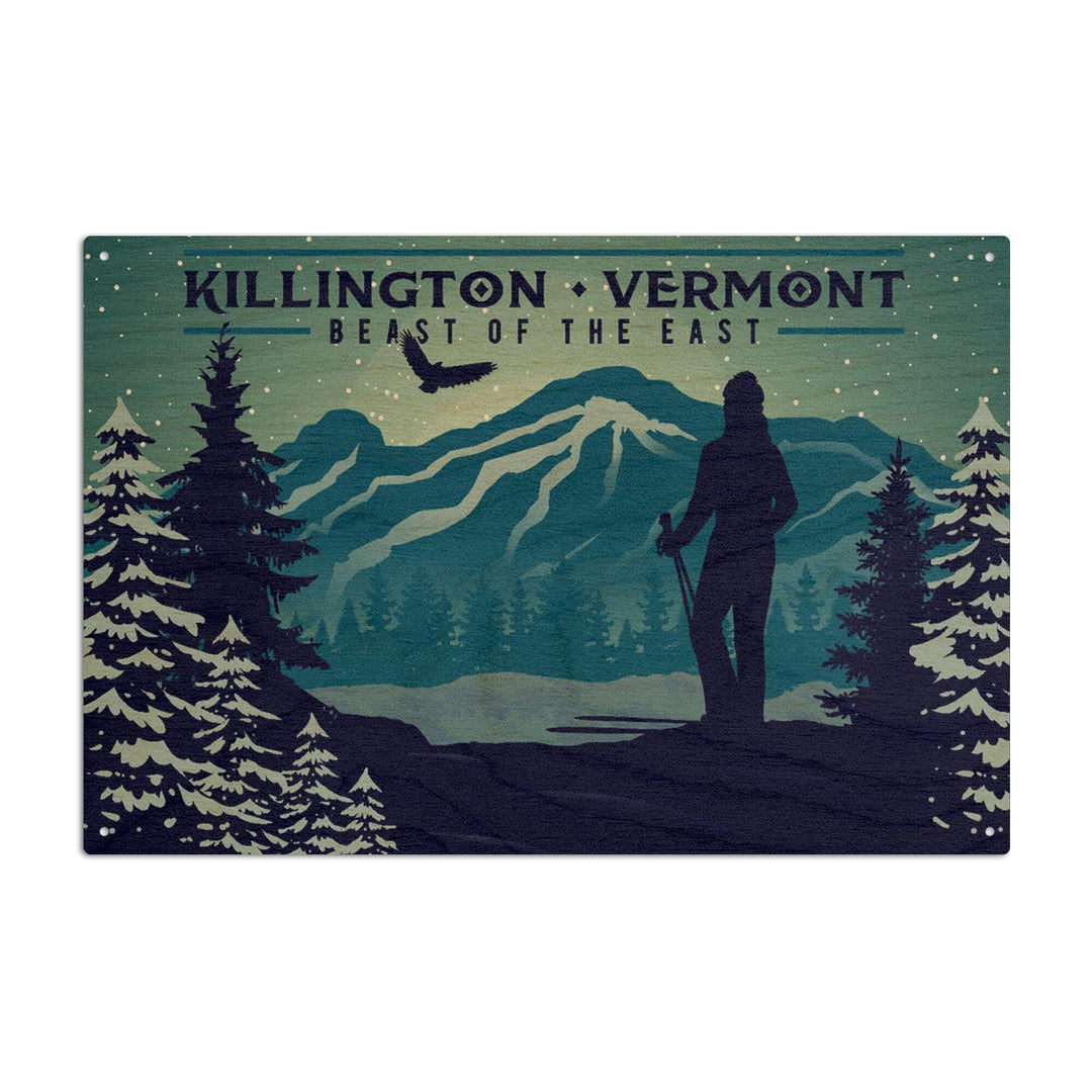 Killington, Vermont, Beast of the East, Skier & Mountain, Lantern Press Artwork, Wood Signs and Postcards Wood Lantern Press 6x9 Wood Sign 