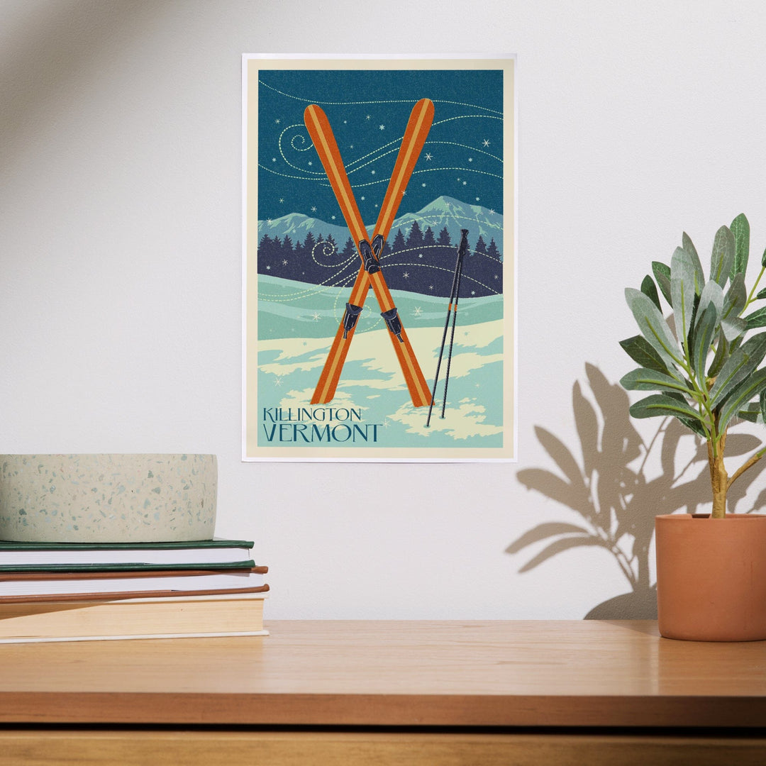 Killington, Vermont, Crossed Skis, Letterpress, Art & Giclee Prints Art Lantern Press 