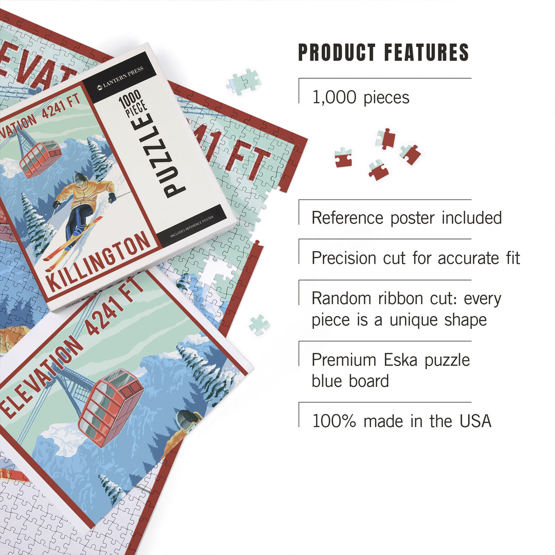 Killington, Vermont, Elevation, Skier and Tram, Jigsaw Puzzle Puzzle Lantern Press 