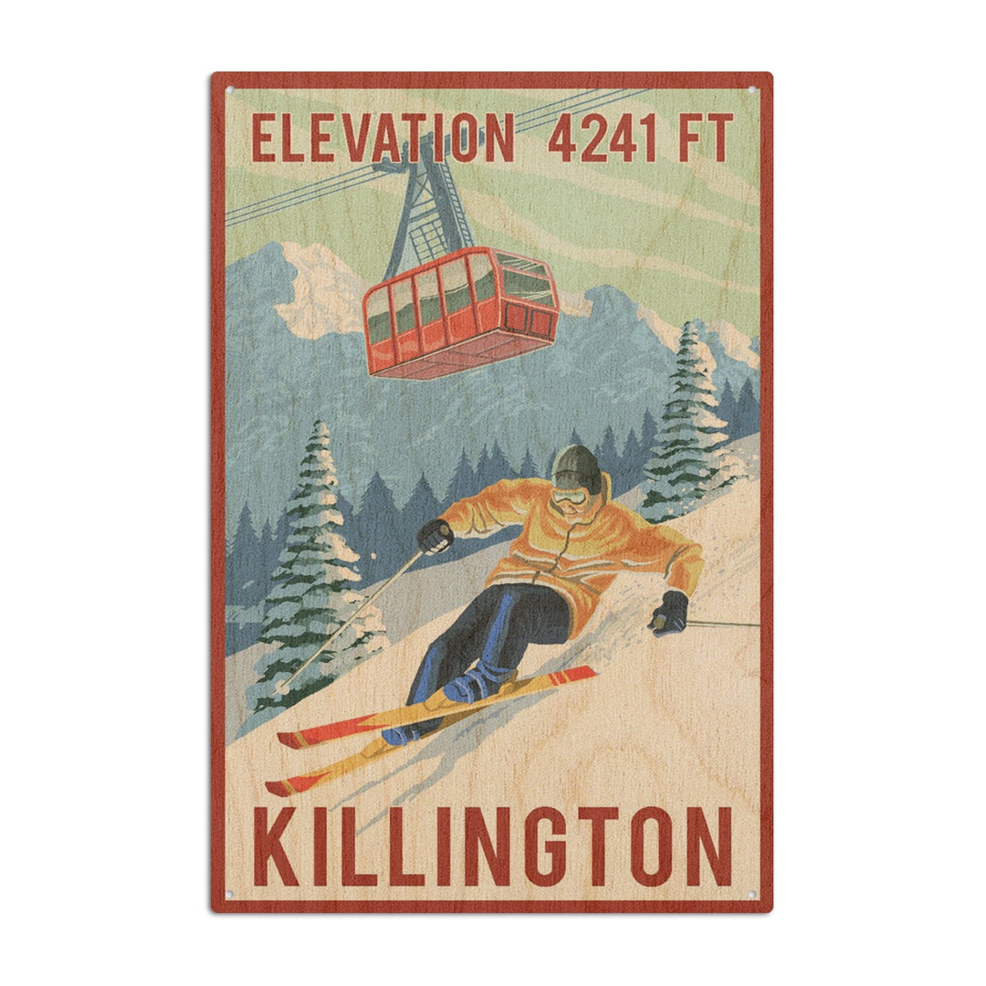 Killington, Vermont, Elevation, Skier & Tram, Lantern Press Artwork, Wood Signs and Postcards Wood Lantern Press 10 x 15 Wood Sign 