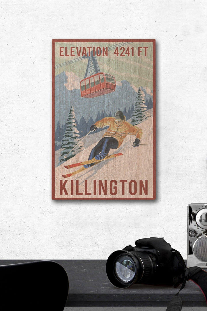 Killington, Vermont, Elevation, Skier & Tram, Lantern Press Artwork, Wood Signs and Postcards Wood Lantern Press 12 x 18 Wood Gallery Print 