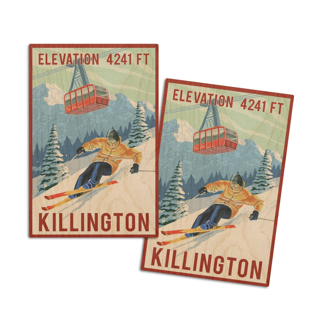 Killington, Vermont, Elevation, Skier & Tram, Lantern Press Artwork, Wood Signs and Postcards Wood Lantern Press 4x6 Wood Postcard Set 