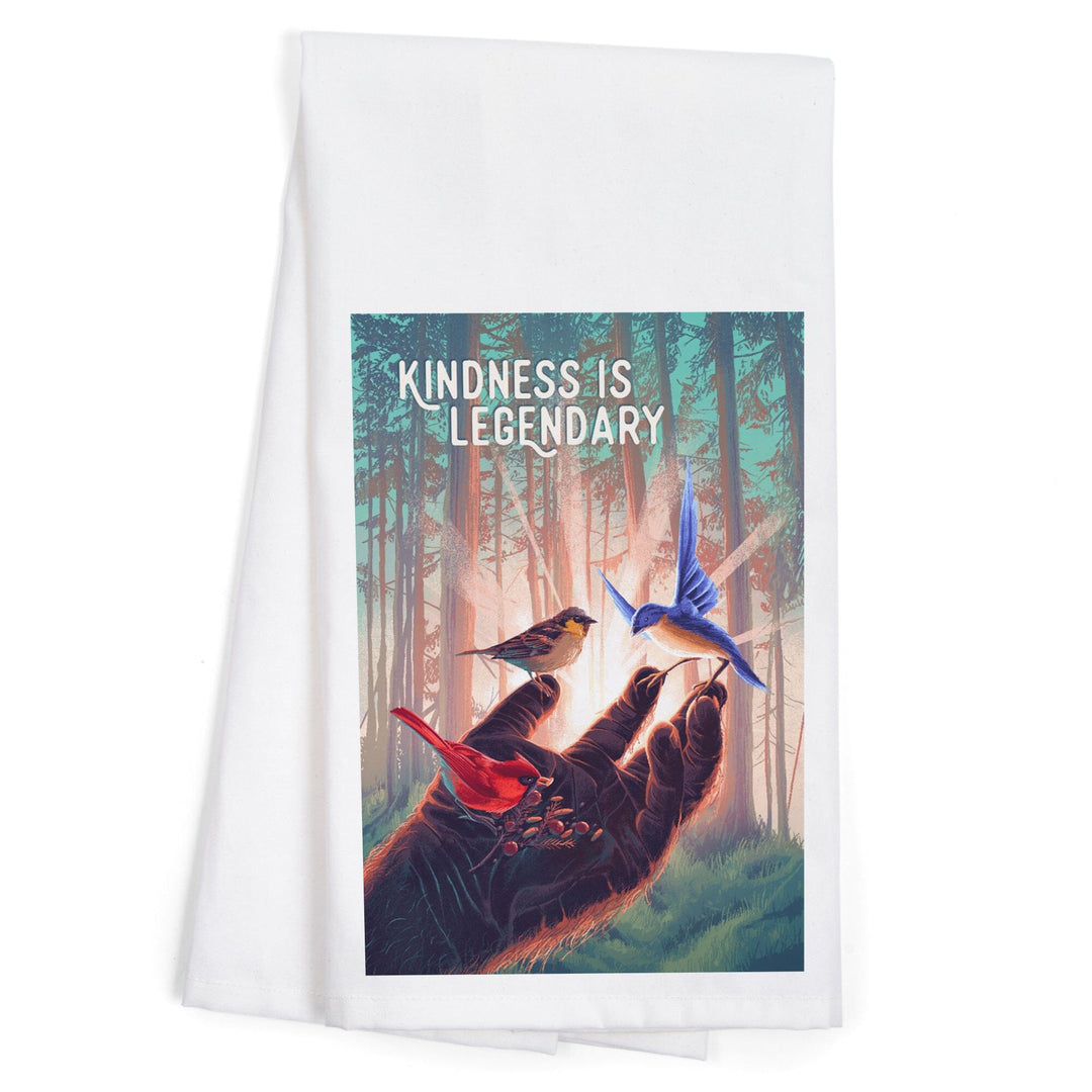 Kindness is Legendary, Bigfoot With Birds, Organic Cotton Kitchen Tea Towels Kitchen Lantern Press 