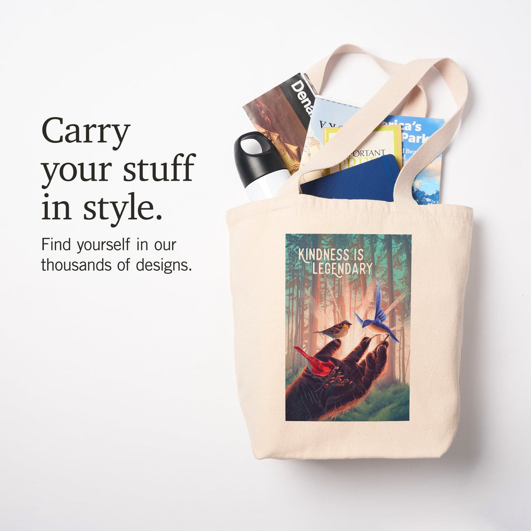 Kindness is Legendary, Bigfoot With Birds, Tote Bag Totes Lantern Press 