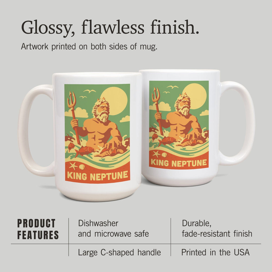 King Neptune Statue, Retro Beach, Lantern Press Artwork, Ceramic Mug - Lantern Press