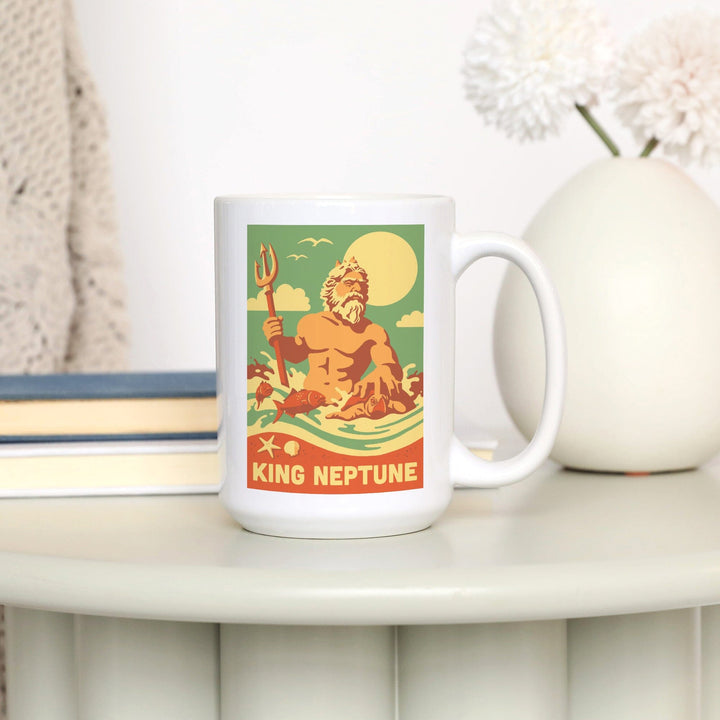 King Neptune Statue, Retro Beach, Lantern Press Artwork, Ceramic Mug - Lantern Press