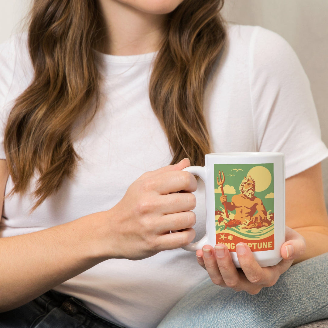 King Neptune Statue, Retro Beach, Lantern Press Artwork, Ceramic Mug - Lantern Press