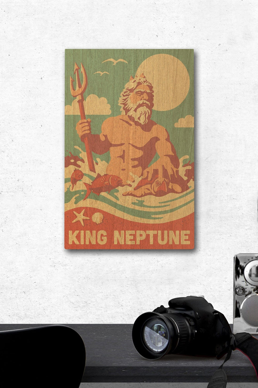 King Neptune Statue, Retro Beach, Lantern Press Artwork, Wood Signs and Postcards Wood Lantern Press 12 x 18 Wood Gallery Print 